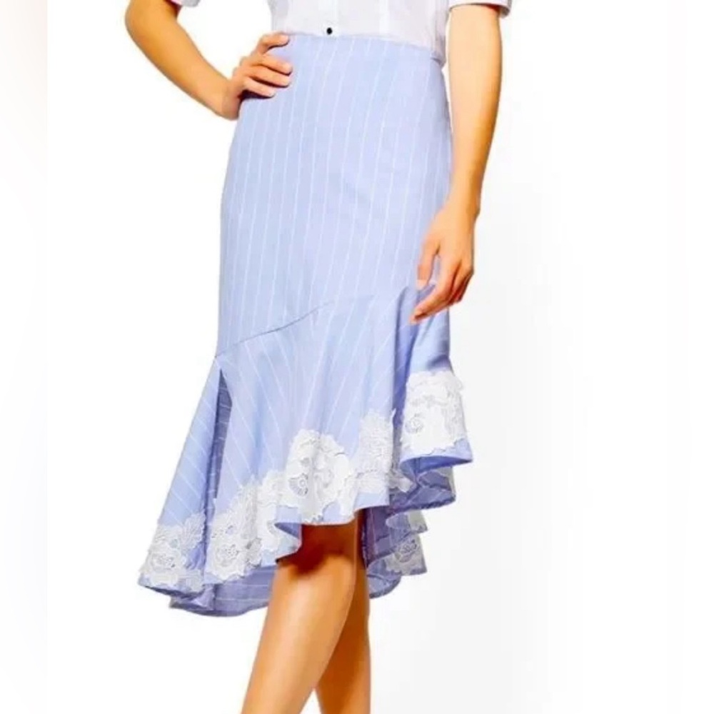 7th Ave Blue White Pinstripe Pencil Skirt Lace Trim Size 6 Work